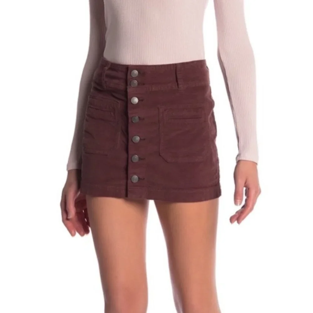 Free People‎ Joanie Brown Corduroy Skirt Size 26 Button Front Mini Cargo Grunge